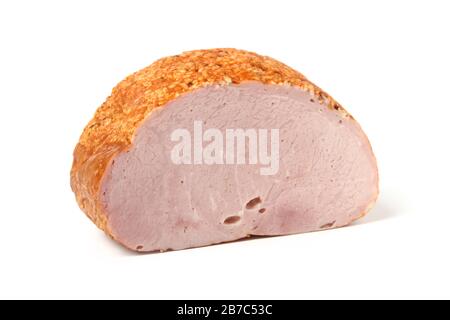Morceau de jambon bouilli isolé sur fond blanc Banque D'Images