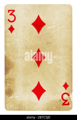 Trois de Diamond Vintage playing card - isolated on white (chemin inclus) Banque D'Images