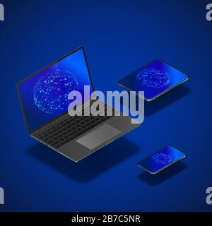 Configuration des gadgets isométriques. Un PC portable et une tablette réalistes avec un réseau mondial à l'écran. Modèle de gadgets modernes. Vecteur Illustration de Vecteur