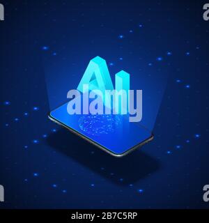 Concept Ai De Bannière Isométrique. Téléphone mobile réaliste avec intelligence artificielle Header ai. Illustration vectorielle Illustration de Vecteur