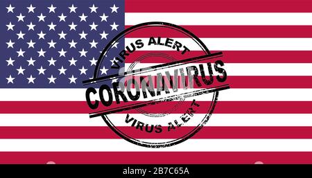 Tampon d'alerte du coronavirus. Covic-19 alerte aux États-Unis. Illustration vectorielle avec fond drapeau USA. SPE 10 Illustration de Vecteur