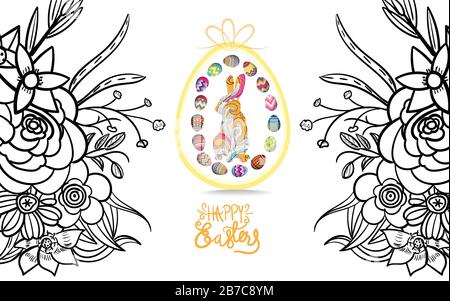 Esquisse d'arrière-plan de Pâques avec décorations traditionnelles. Salut de Pâques avec des œufs de couleur et un lapin Illustration de Vecteur