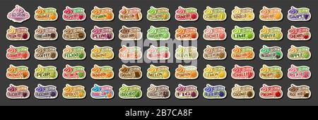 Jeu vectoriel d'étiquettes de crème glacée, 54 illustrations de variété de fruits icareams sur noir, groupe de diverses crèmes glacées avec des ingrédients de fruits, homme Illustration de Vecteur