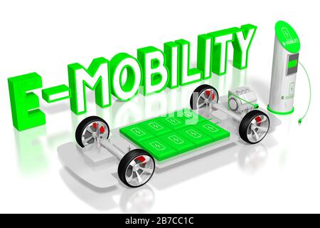 Concept de mobilité électronique, voiture électrique et station de charge. Rendu tridimensionnel; Banque D'Images