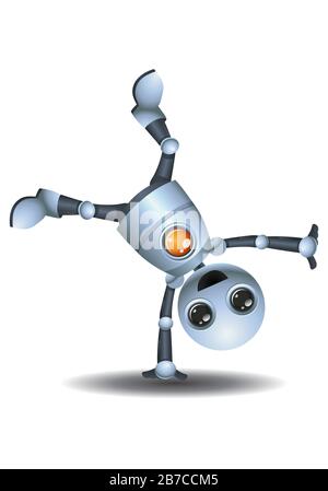 illustration tridimensionnelle d'un petit robot qui se tient d'une main sur un fond blanc isolé Banque D'Images