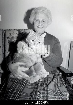 1980, historique, une dame âgée assise dans une chaise tenant son compagnon fureur, un chat animal de compagnie, Angleterre, Royaume-Uni. Banque D'Images