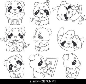 Pack de personnages linéaires panda kawaii mignons. Adorable, heureux et drôle animal mangeant pastèque, bambou isolé autocollants, jeu de patchs. Anime bébé panda Illustration de Vecteur
