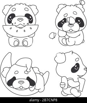 Pack de personnages linéaires panda kawaii mignons. Adorable et drôle d'animal mangeant pastèque, dormir, de retour à l'école isolé autocollant, patches ensemble. Animation Illustration de Vecteur