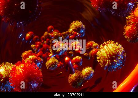 Virus pathogène ou cellule bactérienne dans le flux sanguin. Pandémie mondiale de coronavirus. Rendu tridimensionnel Banque D'Images