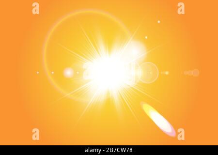 Soleil chaud sur fond jaune. Été. Éblouissement. Rayons solaires. Illustration de Vecteur