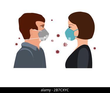 Concept COVID-19, 2019-nCoV. Femme et homme avec masques médicaux. Arrêter le coronavirus, illustration vectorielle Illustration de Vecteur