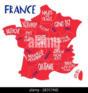 Carte stylisée vectorielle dessinée à la main de la France. Illustration du voyage avec les régions françaises, les noms de villes. Lettrage tiré à la main. Élément carte Europe Illustration de Vecteur