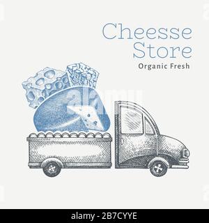 Modèle de logo de livraison du magasin de fromage. Chariot vectoriel dessiné à la main avec illustration de fromage. Motif cuisine rétro gravé. Illustration de Vecteur
