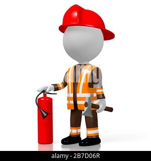 Pompier en relief avec extincteur, fond blanc Banque D'Images