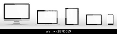 Ensemble de gadgets modernes. Illustration vectorielle d'un moniteur moderne, d'un ordinateur, d'un ordinateur portable, d'un téléphone et d'une tablette. Gadgets réalistes isolés. Illustration de Vecteur