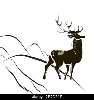 Gracieux cerf fier avec de grandes cornes. Silhouette noire et blanche. Le cerf mâle se trouve au bord de la pente de montagne. Vue latérale. Symbole de la victoire du bien sur evi Illustration de Vecteur