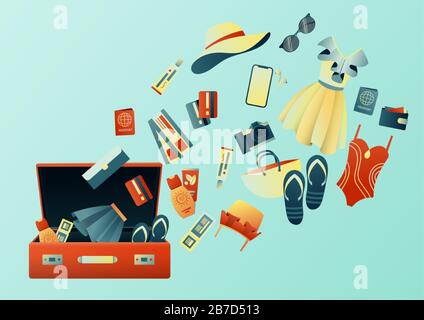 Collecte d'une valise lors d'un voyage : vêtements, documents, équipement. Voyage. Planification de vacances d'été, tourisme. Illustration tendance colorée. Plat Illustration de Vecteur