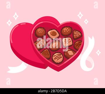 Boîte de chocolats en forme de coeur ouverte avec ruban blanc sur fond rose. Cadeau de Saint-Valentin. Illustration d'art de clip vectoriel de dessin animé. Illustration de Vecteur