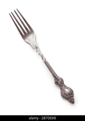 Old silver fork isolated on white Banque D'Images