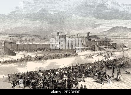 La première course à l'hippodrome ParisLongchamp le 27 avril 1857, Bois de Boulogne, Paris, France Banque D'Images