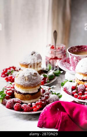 Gâteau éponge Victoria avec confiture de framboises et crème fouettée, généreusement arrosé de sucre en poudre , servi avec des fruits. Banque D'Images