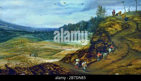 Paysage vallonné avec voyageurs 1625-1630 par Jan Brueghel le Jeune 1601-1678 et les zoos de Momper 1564-1635, la famille Brueghel ( Bruegel ou Breughel ), peintres flamands du XVIe au XVIIe siècle, belge, Belgique. Banque D'Images