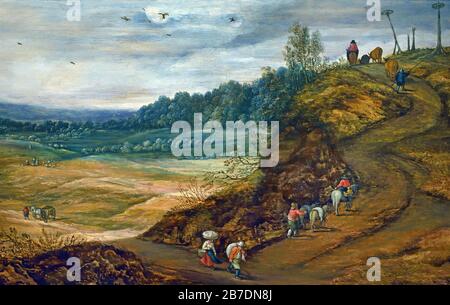 Paysage vallonné avec voyageurs 1625-1630 par Jan Brueghel le Jeune 1601-1678 et les zoos de Momper 1564-1635, la famille Brueghel ( Bruegel ou Breughel ), peintres flamands du XVIe au XVIIe siècle, belge, Belgique. Banque D'Images