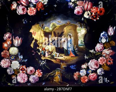 Tentations de Saint Anthony dans un Garland fleuri par Jan Brueghel le Jeune 1601-1678 et David Teniers le Jeune 1610-1690 par Jan Brueghel le Jeune 1601-1678, la famille Brueghel ( Bruegel ou Breughel ), peintres flamands du XVIe - XVIIe siècle, belge, Belgique. Banque D'Images