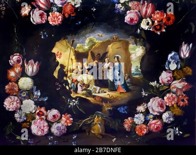 Tentations de Saint Anthony dans un Garland fleuri par Jan Brueghel le Jeune 1601-1678 et David Teniers le Jeune 1610-1690 par Jan Brueghel le Jeune 1601-1678, la famille Brueghel ( Bruegel ou Breughel ), peintres flamands du XVIe - XVIIe siècle, belge, Belgique. Banque D'Images