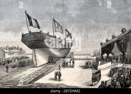 Lancement de navires de cérémonie, la Seyne-sur-Mer, France, 1857 Banque D'Images