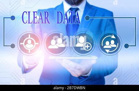 Main conceptuel écrit, indiquant clairement les données. Sens de la loi sur Concept suppression des données ou des informations dans un disque de stockage Banque D'Images