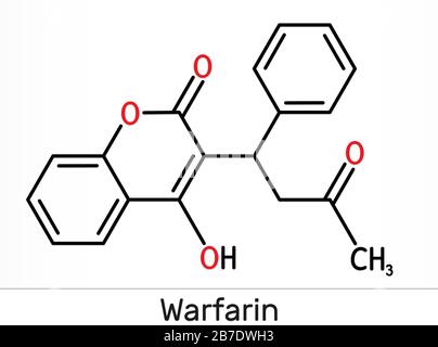 Warfarine, molécule d' La warfarine est un médicament anticoagulant normalement utilisé pour prévenir la formation de caillots sanguins. Formule chimique du squelette. Illustration Banque D'Images