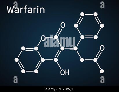 Warfarine, molécule d' La warfarine est un médicament anticoagulant normalement utilisé pour prévenir la formation de caillots sanguins. Formule chimique du squelette. Illustration Banque D'Images