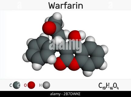 Warfarine, molécule d' La warfarine est un médicament anticoagulant normalement utilisé pour prévenir la formation de caillots sanguins. Modèle moléculaire. Rendu tridimensionnel Banque D'Images