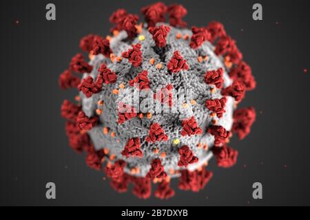 Cette illustration, créée dans les centres de contrôle et de prévention des maladies (CDC), révèle la morphologie ultrastructurale des coronavirus. Notez les pics qui ornent la surface externe du virus, qui donnent l'aspect d'un corona entourant le virion lorsqu'on regarde l'électron microscopiquement. Un nouveau coronavirus, appelé syndrome respiratoire aigu Sévère coronavirus 2 (SRAS-COV-2), a été identifié comme la cause d'une éclosion de maladie respiratoire détectée pour la première fois à Wuhan, en Chine, en 2019. La maladie causée par ce virus a été nommée coronavirus 2019 (COVID-19). Crédit: UPI/Al Banque D'Images