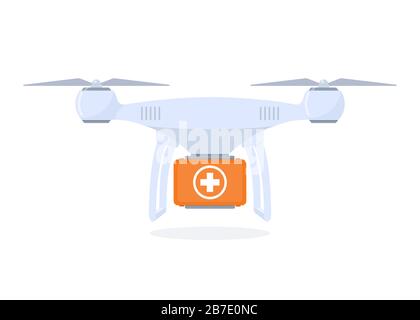 Drone livrant le kit de premiers soins. Administration de médicaments par quadricopter, technologies modernes en médecine. Illustration vectorielle de style plat concept Illustration de Vecteur