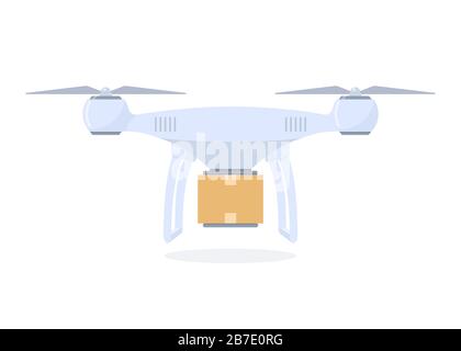 Illustration du concept de livraison de drone. Quadricoptère de livraison avec emballage. Illustration vectorielle en style plat Illustration de Vecteur