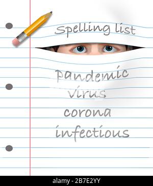 Un étudiant avec des yeux effrayés pairs à travers une page de bloc-notes avec sa liste d'orthographe pour la semaine qui a le mot à apprendre: Pandémie, couronne, infectieux Banque D'Images