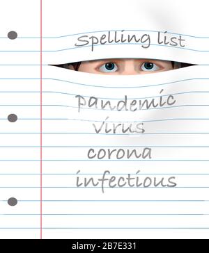 Un étudiant avec des yeux effrayés pairs à travers une page de bloc-notes avec sa liste d'orthographe pour la semaine qui a le mot à apprendre: Pandémie, couronne, infectieux Banque D'Images