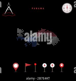 Carte pointillée du Panama peinte dans les couleurs du drapeau national du Panama. Effet de drapeau de spéléologie. Outils de carte, ensemble d'icônes cartographiques. Illustrati vectoriel Illustration de Vecteur