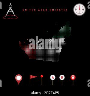 Carte pointillée des Émirats arabes Unis peinte dans les couleurs du drapeau national des Émirats arabes Unis. Effet de drapeau de spéléologie. Outils de carte, ensemble d'icônes cartographiques. Vecteur Illustration de Vecteur