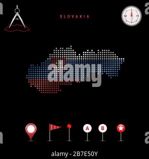 Carte pointillée de la Slovaquie peinte dans les couleurs du drapeau national de la Slovaquie. Effet de drapeau de spéléologie. Outils de carte, ensemble d'icônes cartographiques. Vecteur illust Illustration de Vecteur
