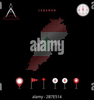 Carte pointillée du Liban peinte dans les couleurs du drapeau national du Liban. Effet de drapeau de spéléologie. Outils de carte, ensemble d'icônes cartographiques. Illustrateur vectoriel Illustration de Vecteur