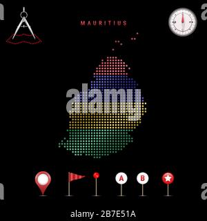 Carte pointillée de Maurice peinte dans les couleurs du drapeau national de Maurice. Effet de drapeau de spéléologie. Outils de carte, ensemble d'icônes cartographiques. Vecteur illu Illustration de Vecteur