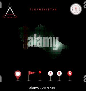 Carte pointillée du Turkménistan peinte dans les couleurs du drapeau national du Turkménistan. Effet de drapeau de spéléologie. Outils de carte, ensemble d'icônes cartographiques. Vecto Illustration de Vecteur