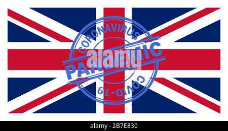 Timbre d'alerte du coronavirus Royaume-Uni. Covic-19 alerte au Royaume-Uni. Illustration vectorielle avec fond drapeau britannique. SPE 10 Illustration de Vecteur