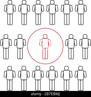 Distanciation sociale et auto-isolement pendant la quarantaine du coronavirus COVID19. Foule de personnes et personne rouge dans la bulle isolée. Vecteur. Illustration de Vecteur