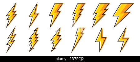 Grand ensemble d'icônes de la foudre. Des éclairs de vecteur. L'énergie électrique jaune logo design, élément isolé. Illustration de Vecteur
