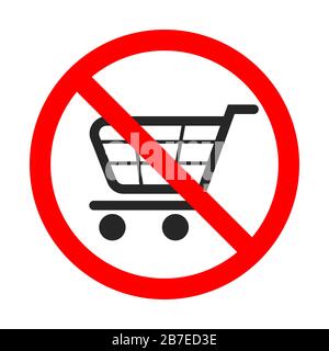 Signe vectoriel d'interdiction d'achat. Pas de panneau de panier sur fond blanc. Icône de chariot de shopping isolée. Illustration du stock. Illustration de Vecteur