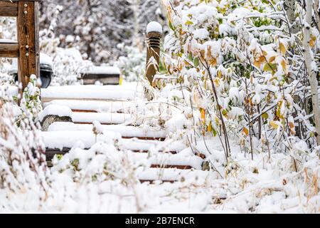 Aménagement paysager du Colorado recouvert de neige d'hiver mitoyenne le long de marches en bois avec l'architecture de personne de jardin arrière-cour de la maison Banque D'Images